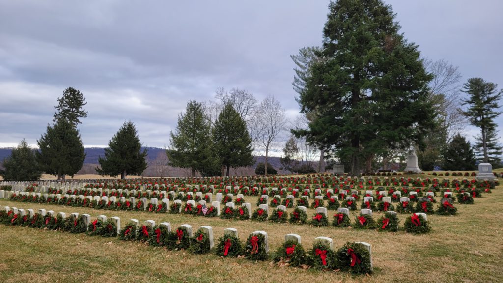 Wreaths on the graves at Antietam National Cemetery